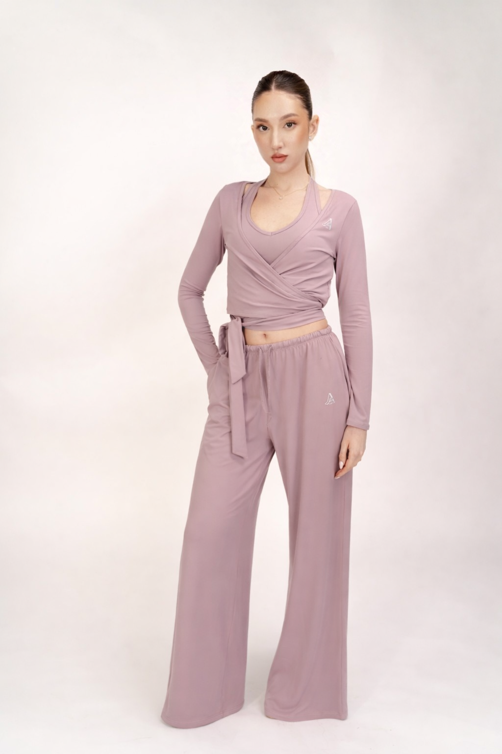 Compleu Sport-Chic 3 Piese – Maieu cu Burete, Bluză Balerină & Pantaloni Largi-  Mauve Rose ALORA