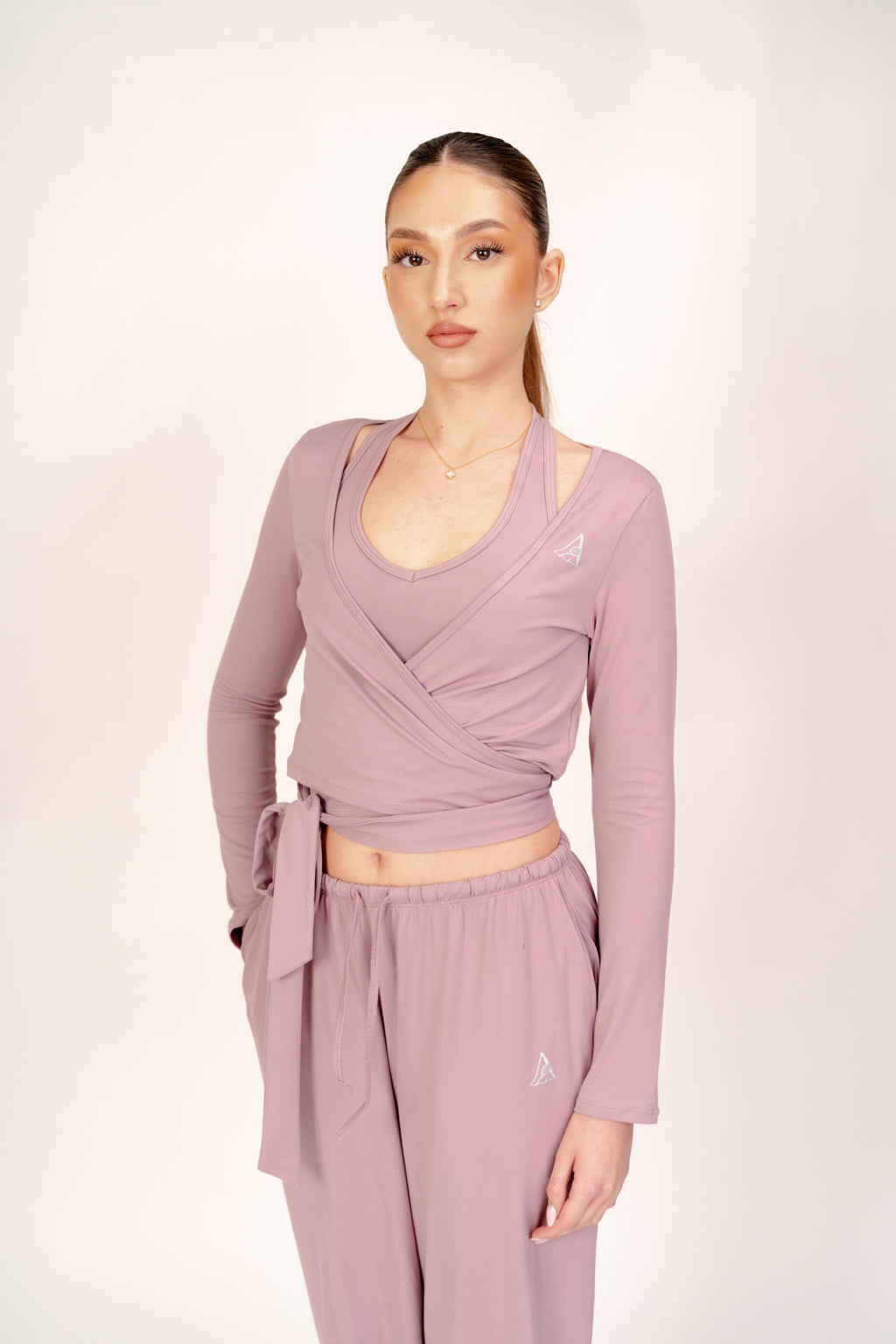 Compleu Sport-Chic 3 Piese – Maieu cu Burete, Bluză Balerină & Pantaloni Largi-  Mauve Rose ALORA