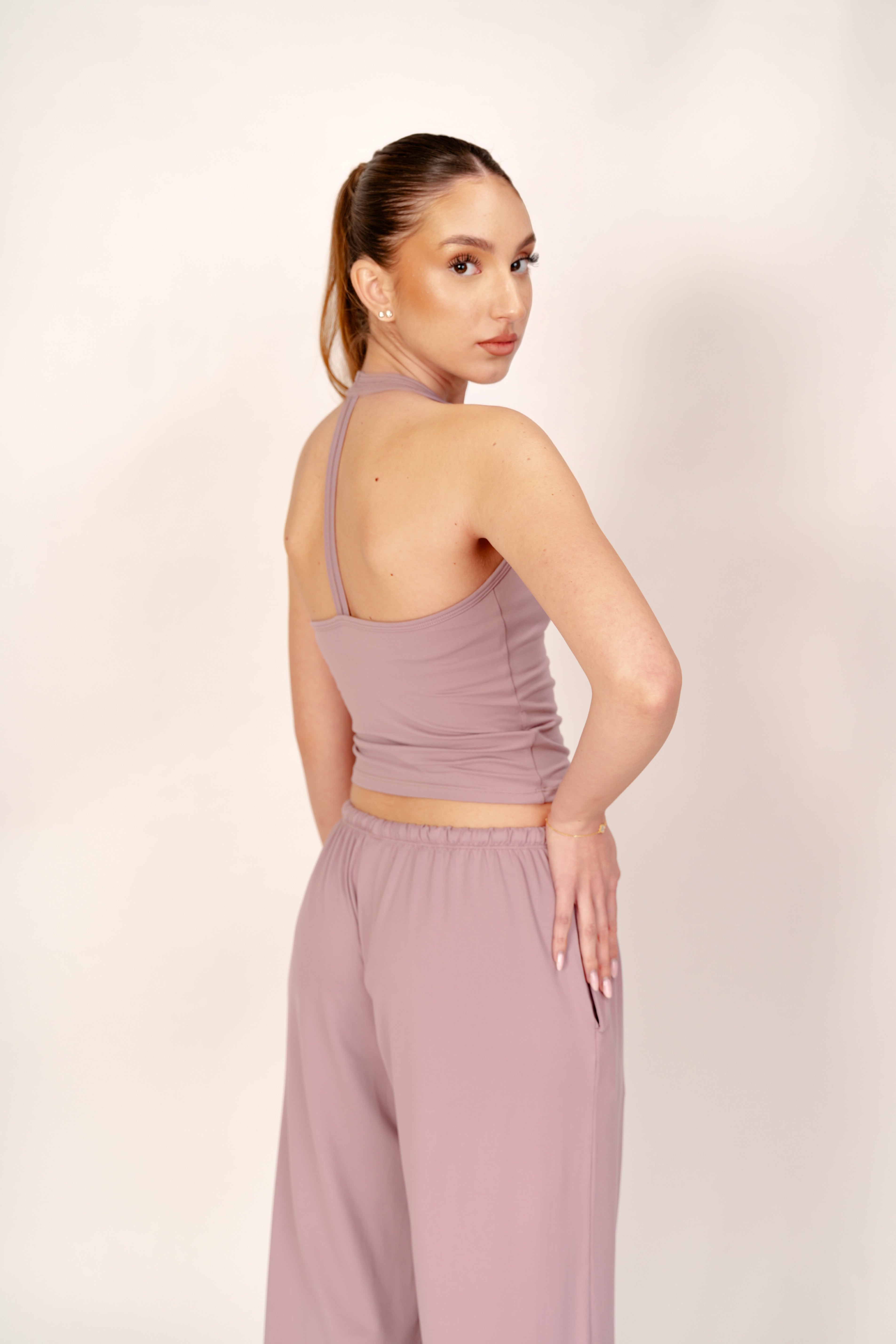 Compleu Sport-Chic 3 Piese – Maieu cu Burete, Bluză Balerină & Pantaloni Largi-  Mauve Rose ALORA