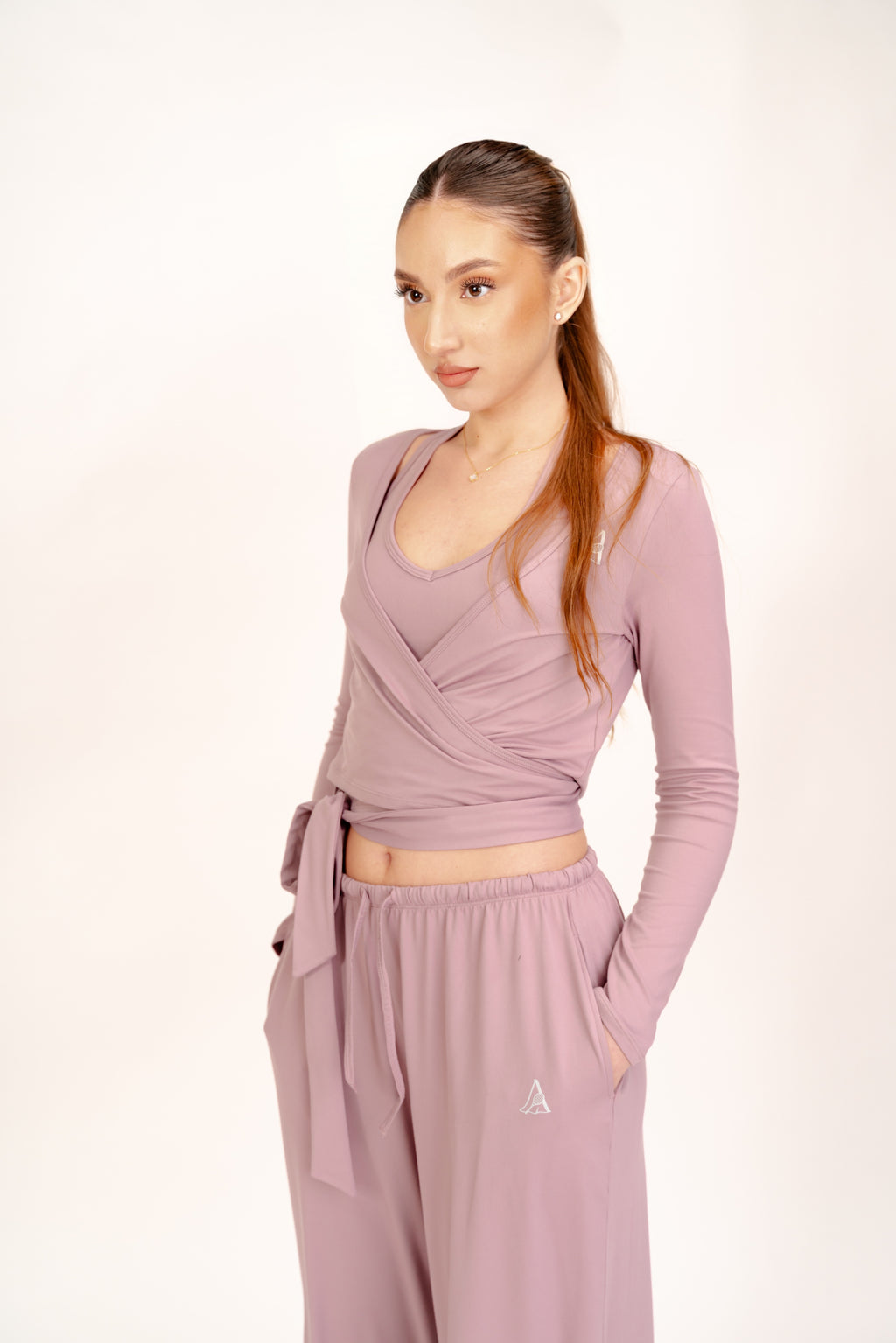 Compleu Sport-Chic 3 Piese – Maieu cu Burete, Bluză Balerină & Pantaloni Largi-  Mauve Rose ALORA