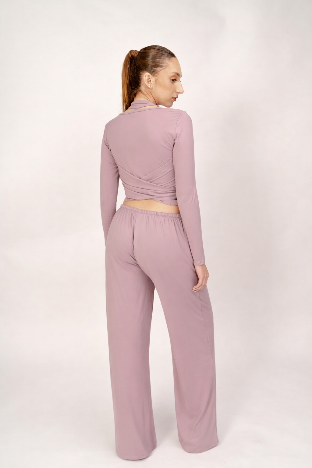 Compleu Sport-Chic 3 Piese – Maieu cu Burete, Bluză Balerină & Pantaloni Largi-  Mauve Rose ALORA